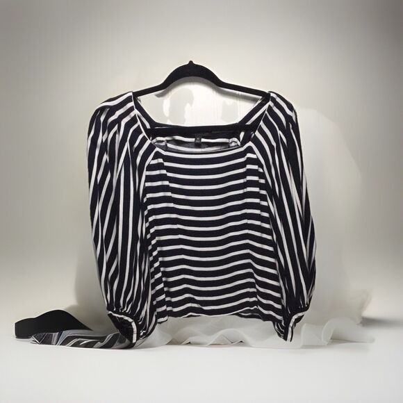 Banana Republic Blouse Women  SZ L Navy White Stripe Balloon Sleeve Top  NWT - Picture 1 of 8